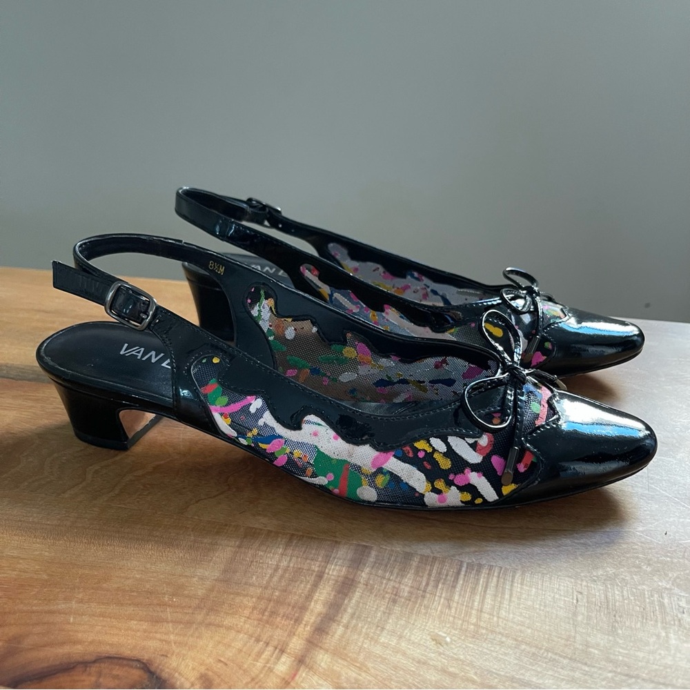 Vintage Vaneli Patent Leather Paint Splatter Sling Back Bow 1.5" Heels Black 8.5
